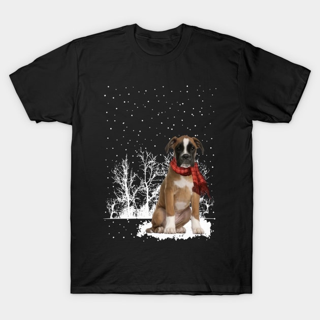 Christmas Boxer With Scarf In Winter Forest T-Shirt by Tagliarini Kristi